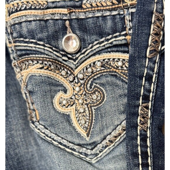 Rock Revival Jeans 25 Distressed Rip Y2K Crystal Flap Pocket Straight Streetwear - Picture 2 of 10